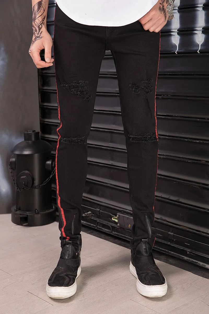 Мужские Стрейчевые джинсовые джинсы с красной полоской рваные узкие черные