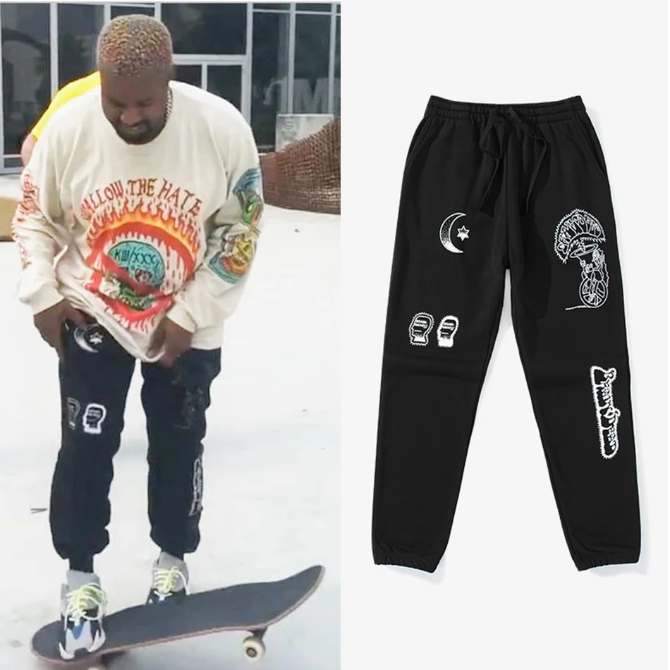 Летние Новые волнистые мужские хлопковые брюки Kanye West с принтом на завязках