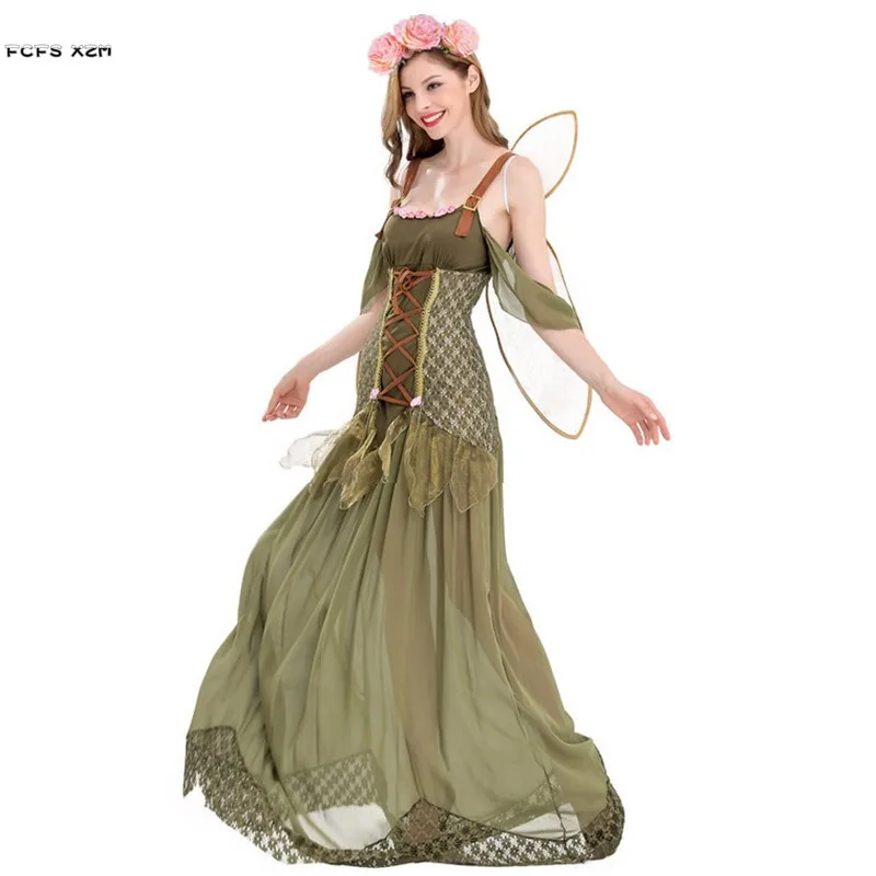 Женский костюм феи для косплея на Хэллоуин карнавальный зеленого цвета с лесными