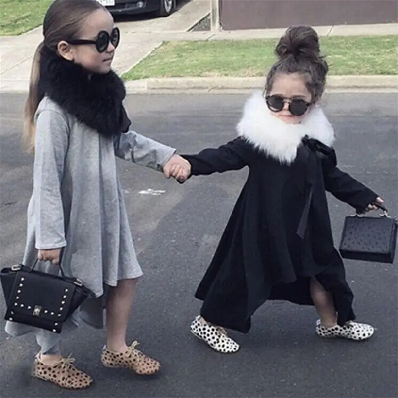 Осень 2018 платья для девочек черно-серое платье маленьких детская одежда