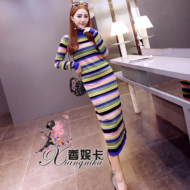 Европа 2015 новых женщин осень и зима с высоким воротником свитер платье дна тонкий