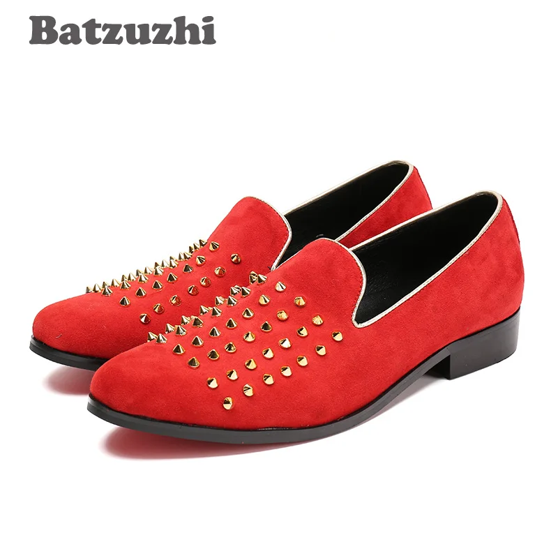 

Batzuzhi Fashion Italian Style Men Shoes Flats Roafers Red Shoes Men with Rivets Red Suede Leather Causl Shoes Men Zapatos