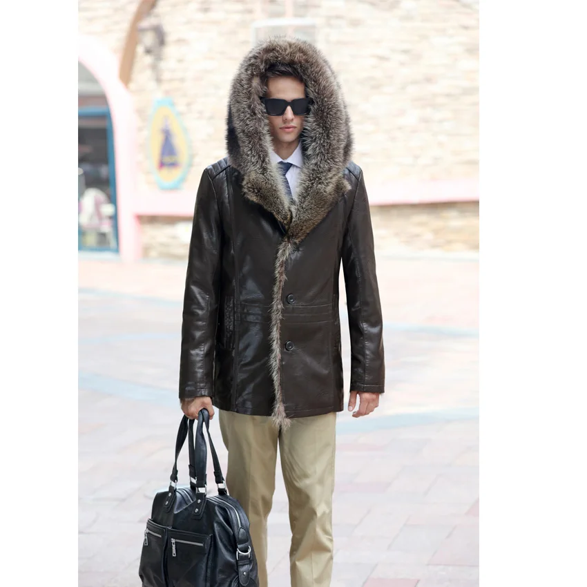 Мужская кожаная куртка из овечьей шерсти толстая натуральной кожи с воротником
