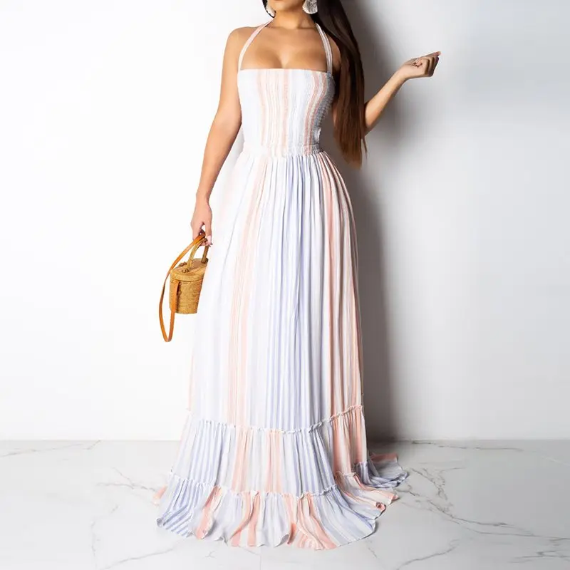 Новое шифоновое макси платье женское элегантное вечернее в полоску Бохо