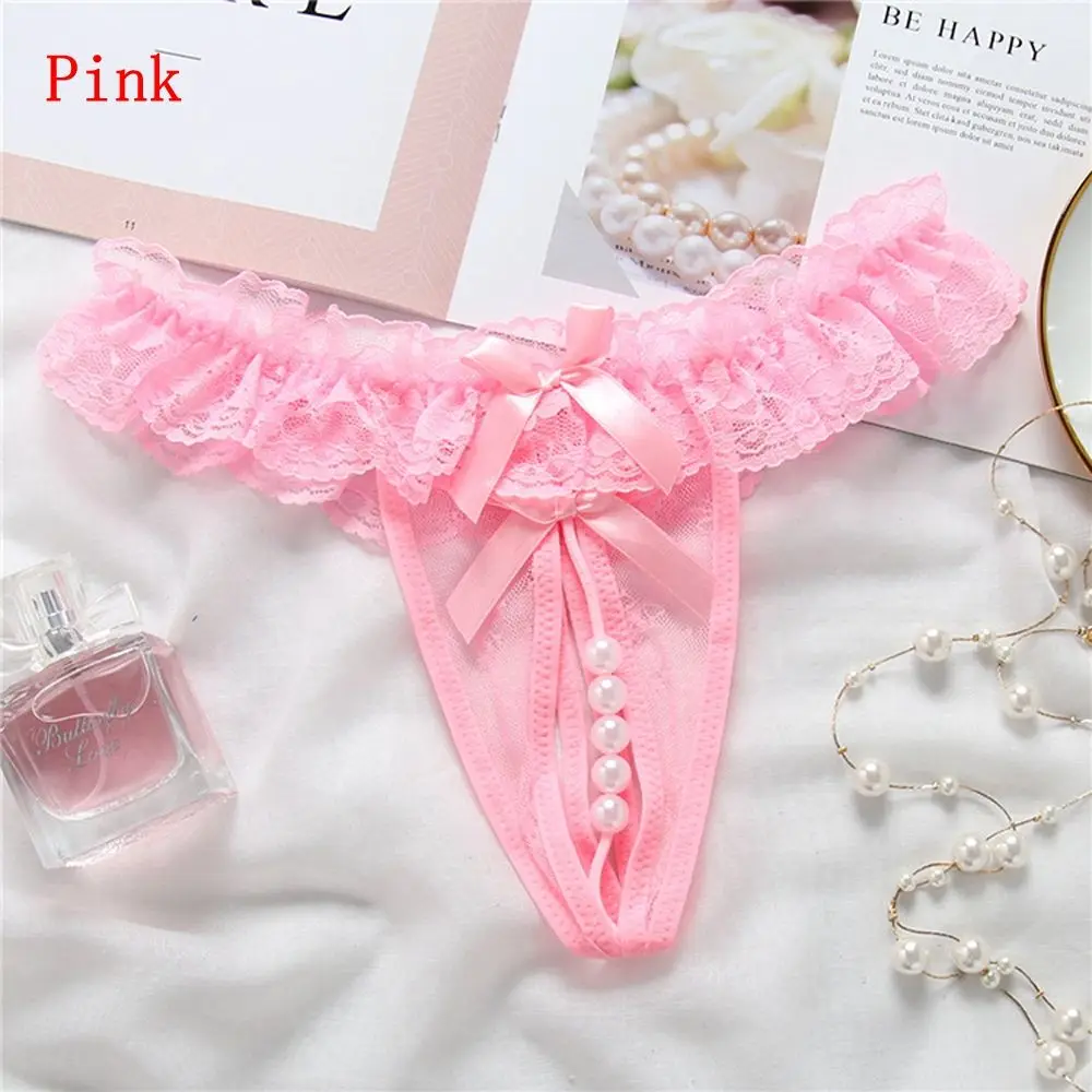 pink Женское сексуальное розовое нижнее белье с жемчужинами, сексуальные кружевные прозрачные трусики, Эротические трусики танга, стринги, нижнее белье с вырезами - Цвет: pink