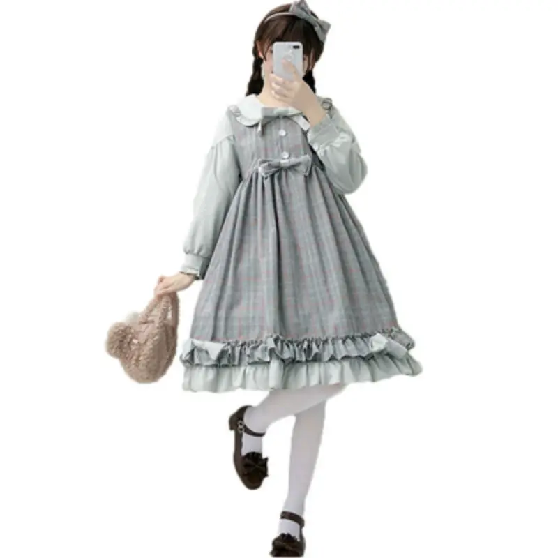 

Sweet Girls Full Sleeve Lolita Dress OP Dress Solid Plaid Dress Ruffled Collar Bows Trim One Piece