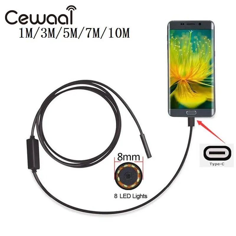 Cewaal 8 мм 2mp 1 м телефона Android Тип USB c эндоскопа Камера Водонепроницаемый видео Труба