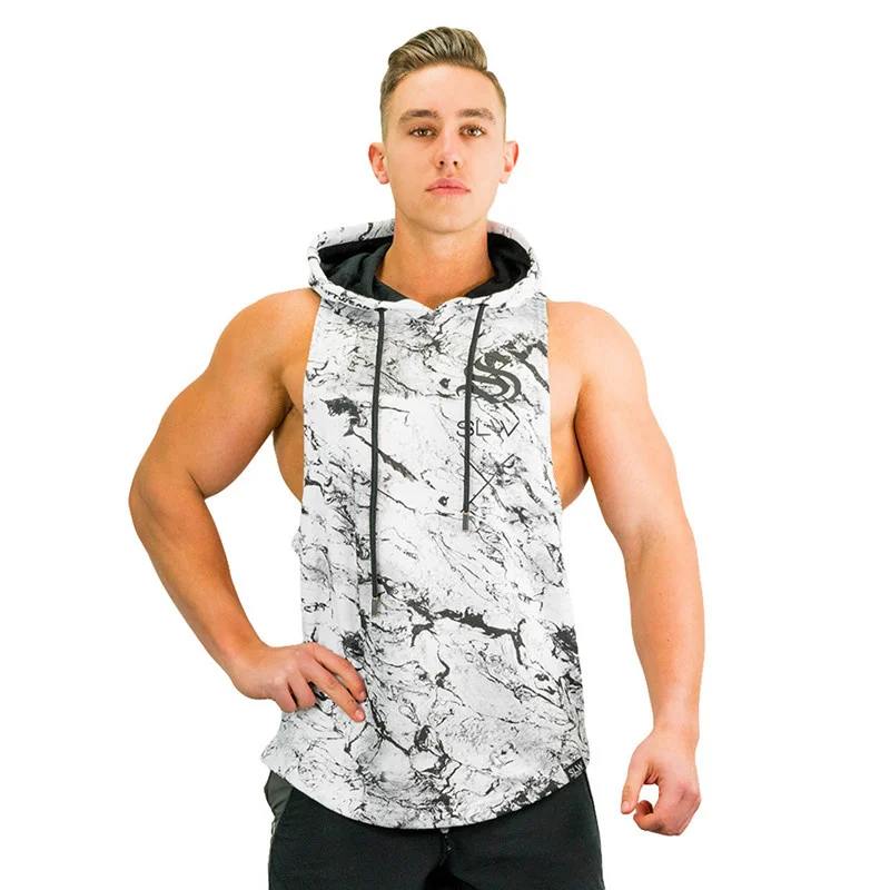 Камуфляж спортивный жилет бег тренажерный зал без рукавов с капюшоном для мужчин