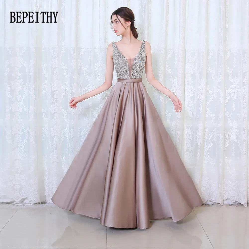 

BEPEITHY 2022 New Arrival Elegant Evening Dresses V-Neck Backless Beads Formal Party Gown Vestidos De Festa Custom Made