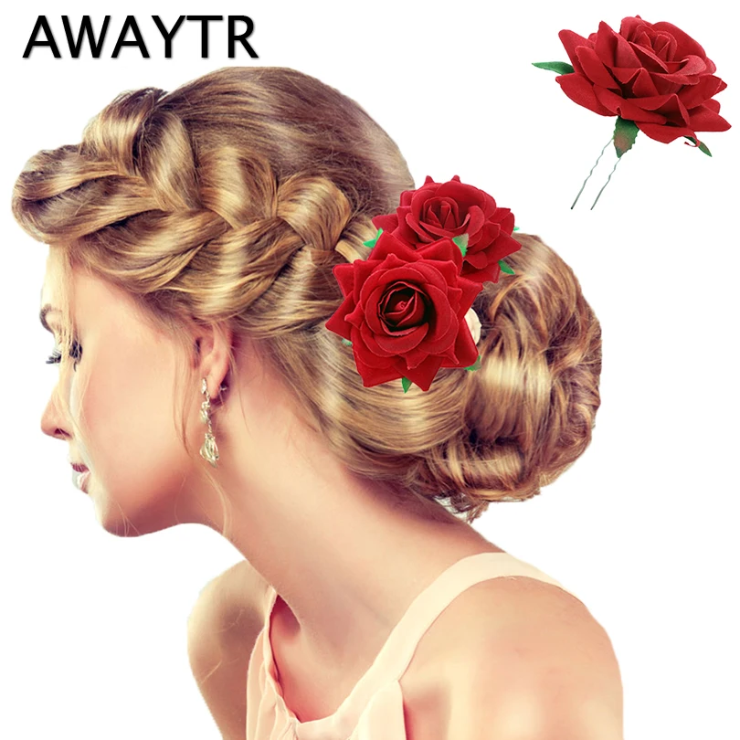 AWAYTR новые модные женские шпильки для невесты, свадебные палочки для волос с цветком розы, заколки для волос красного цвета