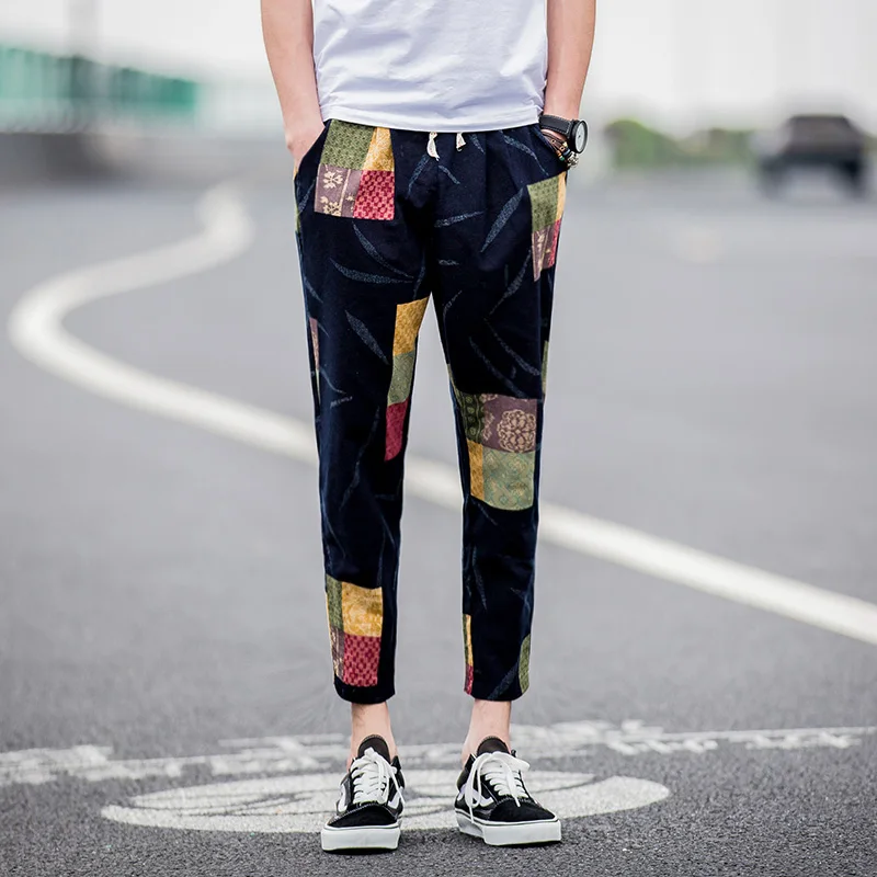 Для мужчин брюки 2019 Летние повседневные штаны Pacthwork бегунов шнурок ботильоны