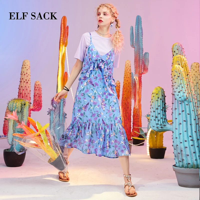 ELFSACK, Летний женский комплект, Стильный хлопковый Повседневный Женский костюм из двух предметов, футболка с круглым вырезом и платье до середины икры, цветочные комплекты с оборками