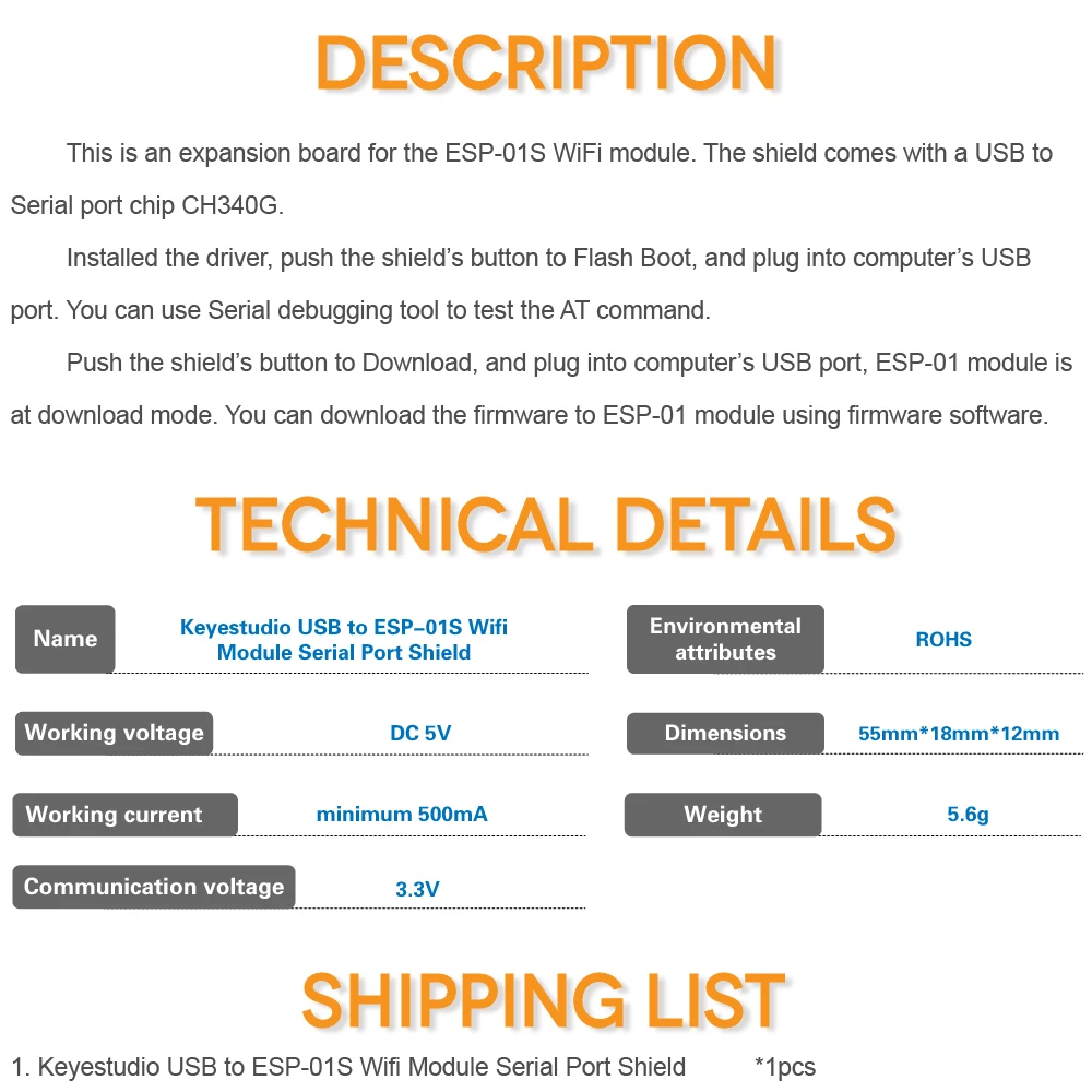 

Keyestudio USB to ESP-01S Wifi Module Serial Port Shield For Arduino &Compatible with ESP8266 wifi