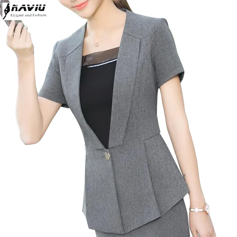 Модный деловой серый женщин блейзер Бизнес новые летние с коротким рукавом