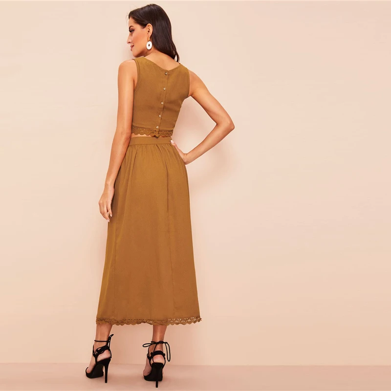 SHEIN 70s Топ С Пуговицами Сзади И Кружевной Отделкой И Юбка Комплект Женский Летний Элегантный Топ Без Рукавов И Юбка
