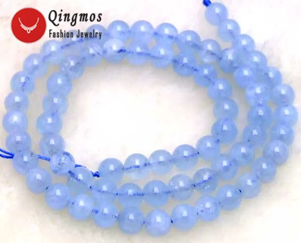 Qingmos Genuine 5-6mm Round Natural Blue Aquamarines Stone Beads for Jewelry Making Necklace Bracelet Loose Strand 15&quot-los152 |