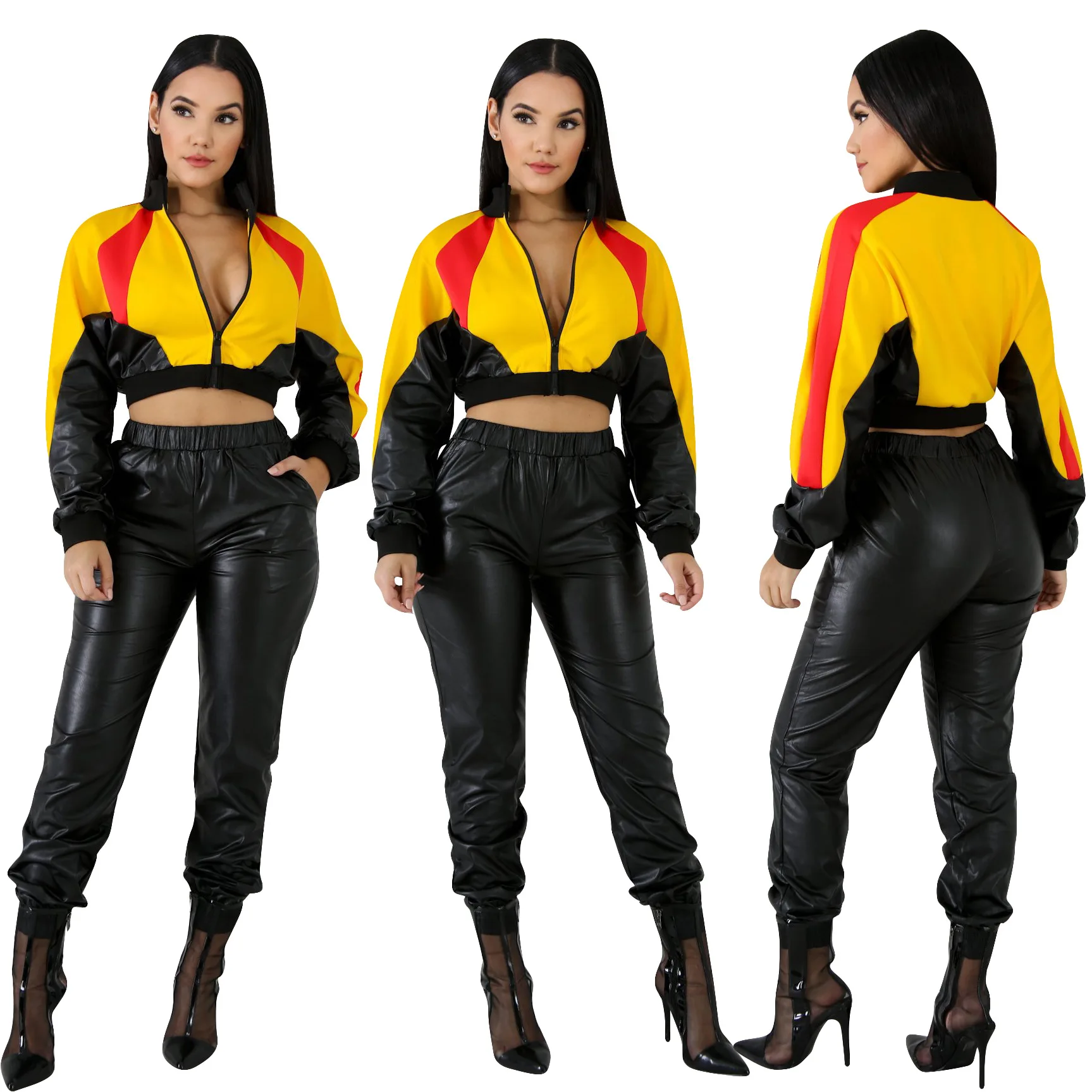 Новинка зимние женские спортивные костюмы из искусственной кожи в стиле пэчворк