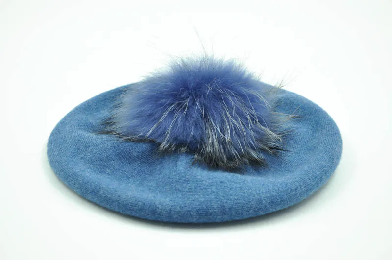 Blue match fur Зимний женский берет, женская шапка, 15 см, натуральный мех енота, помпон, берет, шерсть, кашемир, натуральный мех, шарик, женский берет, шапка для женщин - Color: Blue match fur