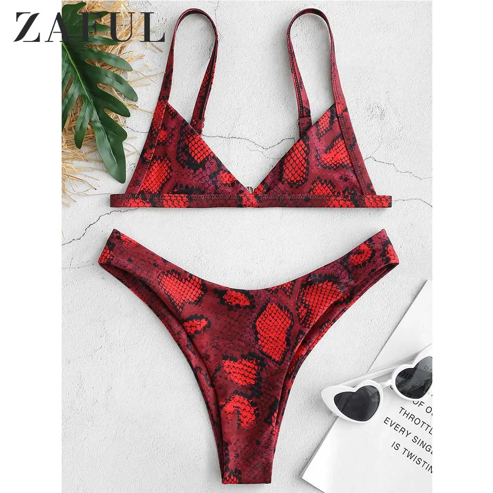 ZAFUL Комплект из двух частей змеиной принтом с высоким вырезом женщины комплект