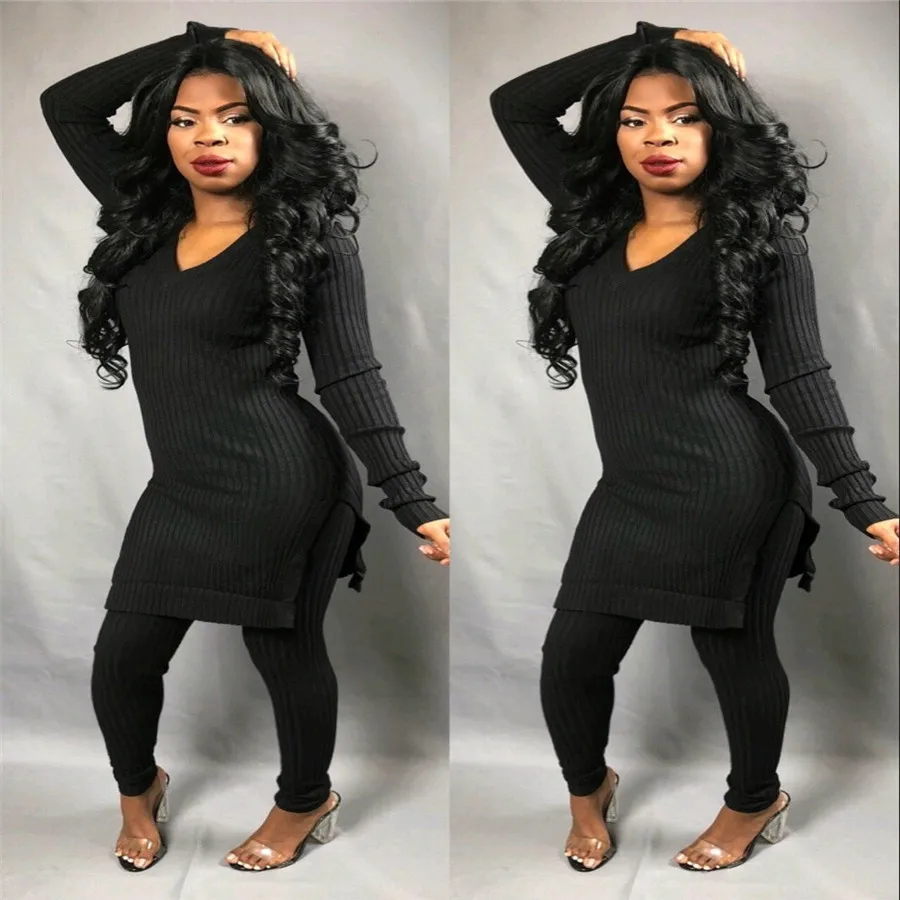 

Elegant sexy two piece set top and pants autumn outfits tracksuit women sweater ribbed office lady ensemble femme dos piezas