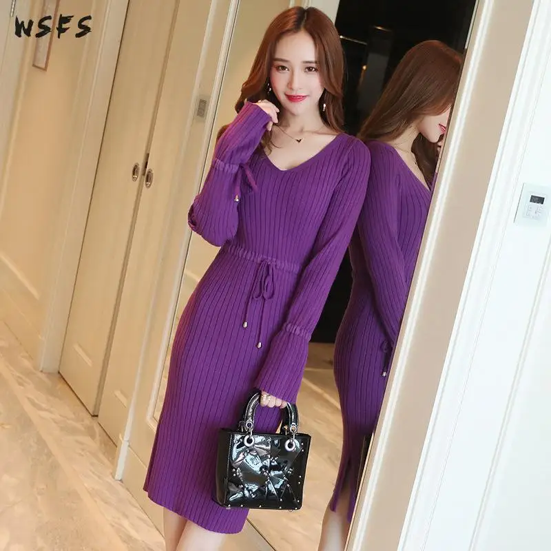 Autumn Winter Sweater Dress Black Coffee Red White Long Flare Sleeve Womens Dresses Bodycon Sexy Ladies Wrap Midi Pencil | Женская