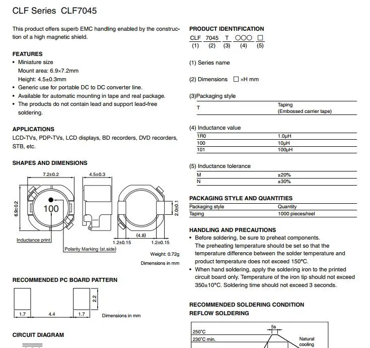 Бесплатная доставка 50 шт./лот 7 2*6 9*4 5 мм FIXED IND 4.7UH 3.6A 20 МОм SMD CLF7045T-4R7N-D CLF7045T-4R7N |
