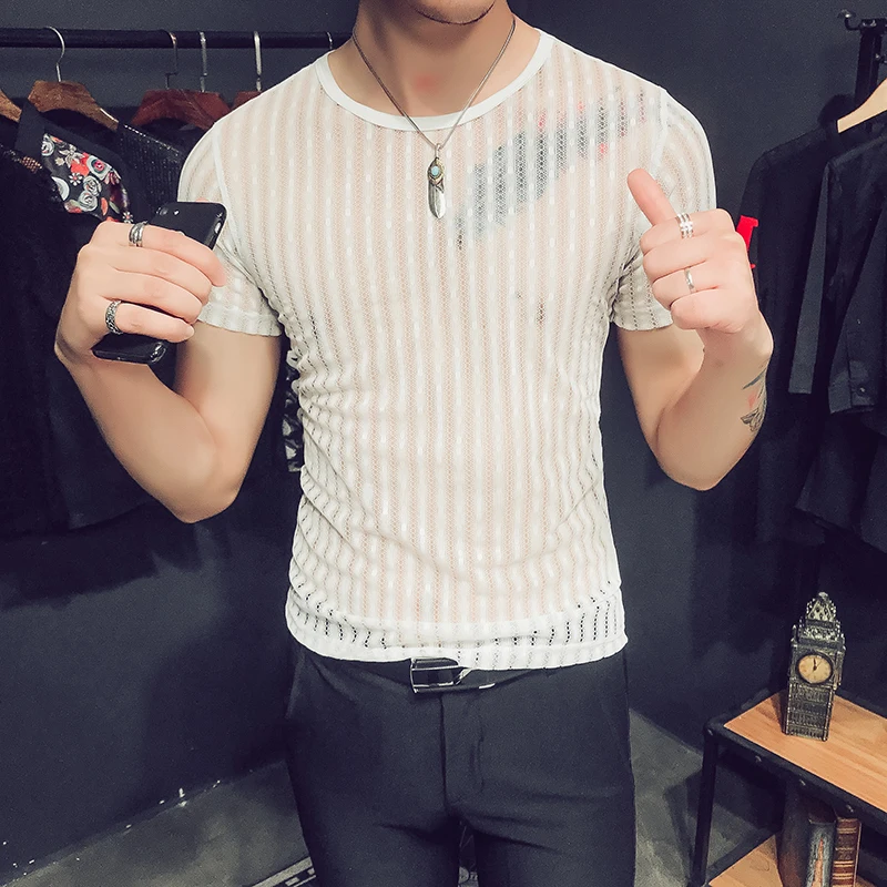 Новая полосатая Для мужчин s футболки Роскошные Прозрачный короткий рукав лето