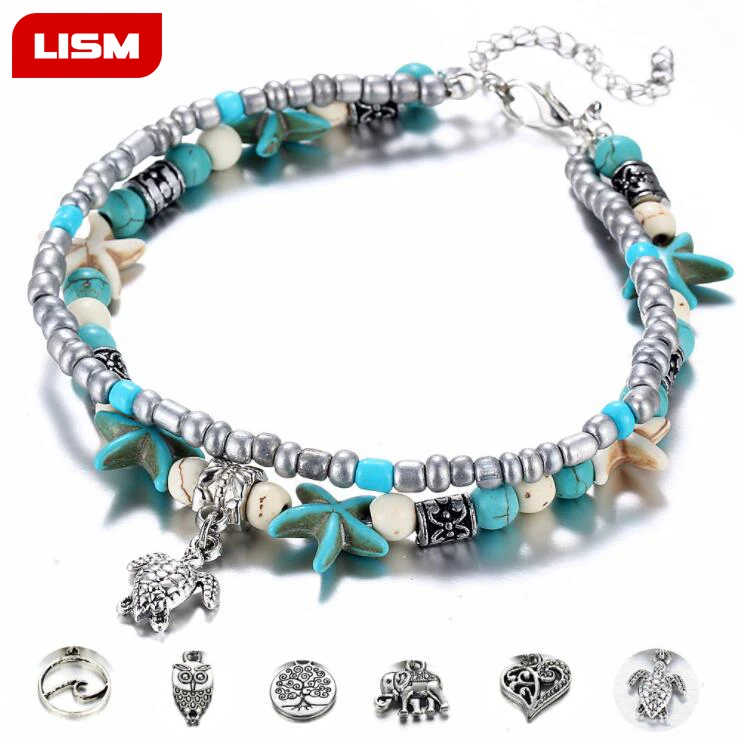 

Bohemian Multiple Layers Starfish Turtle Beads Anklets For Women Vintage Boho Shell Chain Anklet Bracelet Beach Jewelry