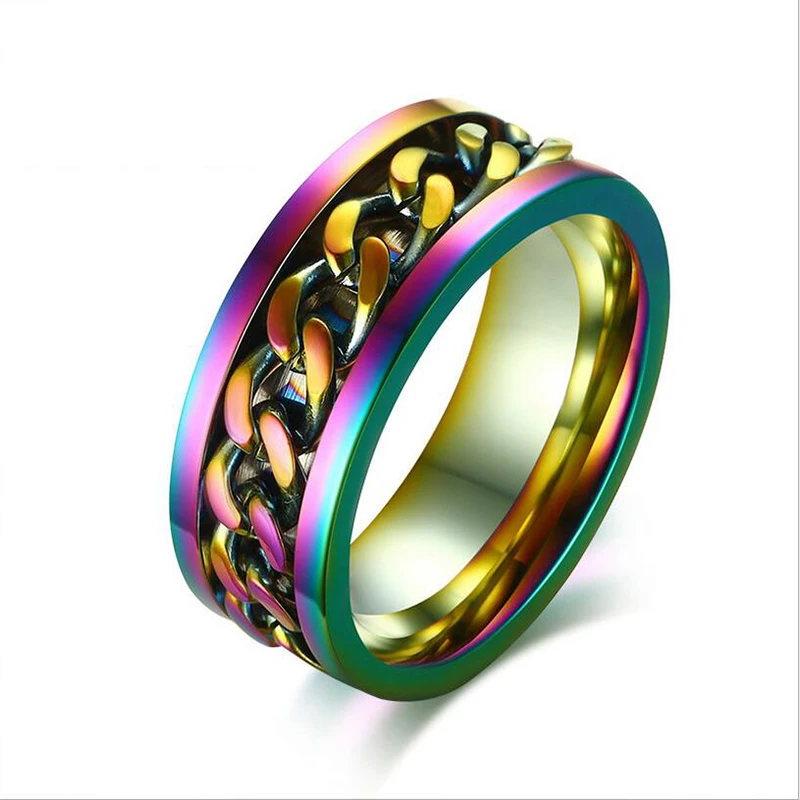 

8mm Color ful Chain Inlay Wedding Bands Engagement Ring Spinner Titanium Steel Never Fade Cool Male Rings Party Jewelry Punk