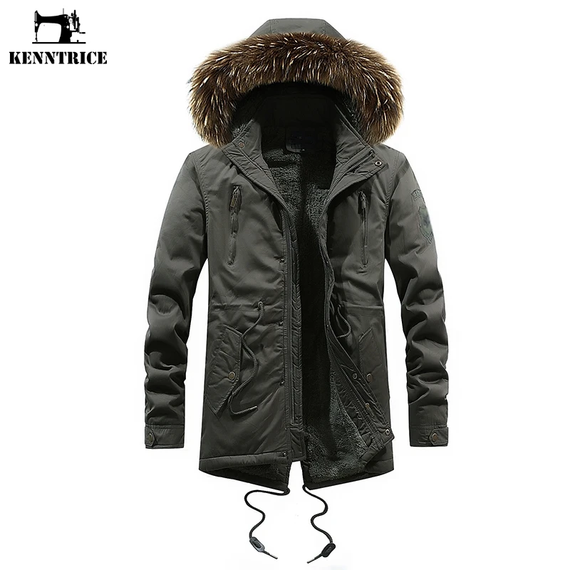KENNTRICE Winter Coat Men Fur Collar Hooded Long Jacket Keep Warm Vintage Windbreaker Mens Outerwear | Мужская одежда