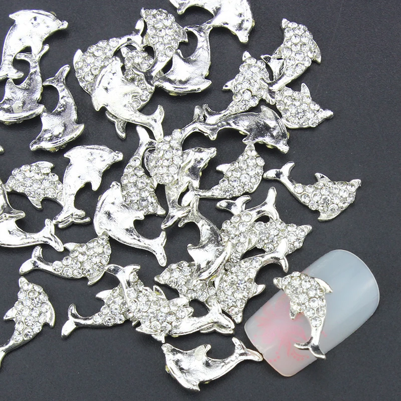 10 шт./лот блестки для 3d дизайна ногтей серебряные рыбки со стразами украшения