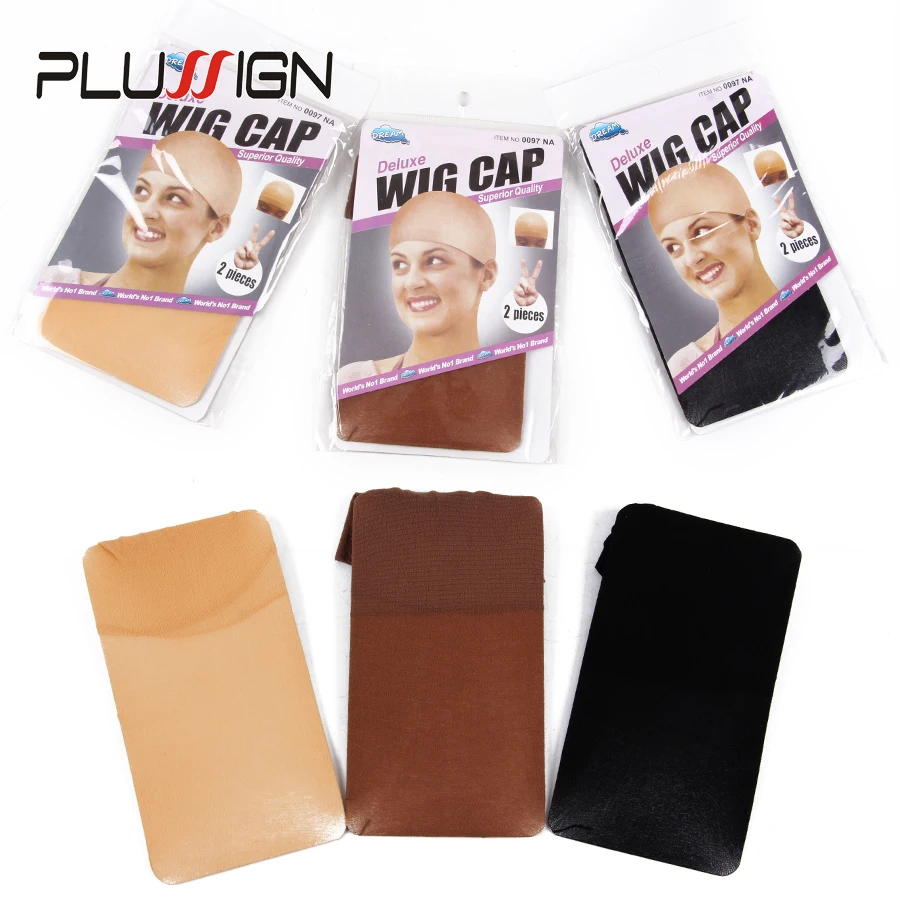 Plussign 2Pcs/Pack Deluxe Wig Caps For Making Wigs Free Size Unisex Elastic Dome Cap Nylon Hair Net Black Beige Red Coffee Color