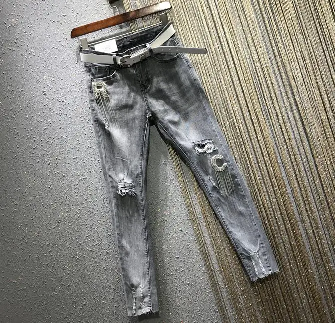 2019 новые модные женские джинсы с высокой талией дымчатого серого цвета дырками и