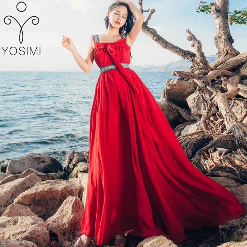 2019 летнее длинное женское платье макси из красного шифона Винтажные белые