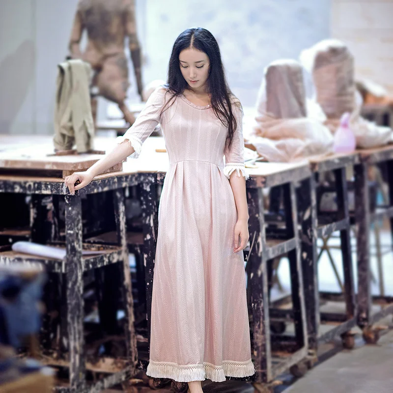 

LYNETTE'S CHINOISERIE Spring Autumn Women Original Design Vintage Handmade Beading Tassel Dress