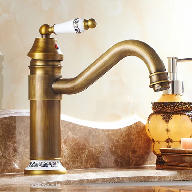 

Basin Faucet Antique Brass Ceramic handle Bathroom Sink Faucets Single Handle Vintage Decked Cold and Hot Bath Mixer Water Tap