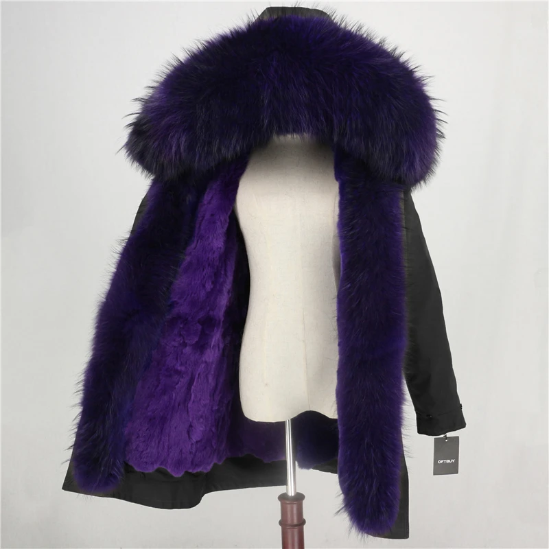 black purple E Длинная парка OFTBUY, водонепроницаемая верхняя одежда, пальто с натуральным мехом енота, Воротник из лисьего меха, капюшон, подкладка из кроличьего меха, Толстая теплая уличная одежда - Цвет: black purple E