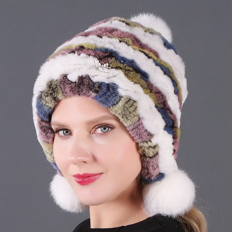 Шапка бини с тремя шариками для защиты ушей женская шапка из меха кролика Рекс