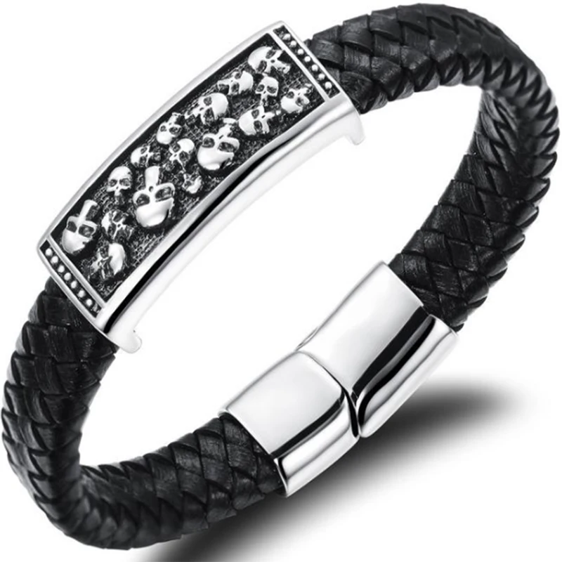 Personality Man Titanium Male Black Clip Bracelet Leather Inverted Insertion Of Magnetic Button |