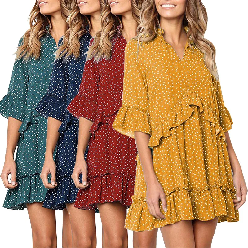 

Spring Summer Women Chiffon Dress 2021 Sexy V-Neck Boho Dress Ruffles Long Sleeve Polka Dot Dress Short Party Beach Dresse