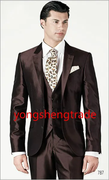 2015 роскошный коричневый Свадебный костюм из трех частей в шелковой Shantung ткани