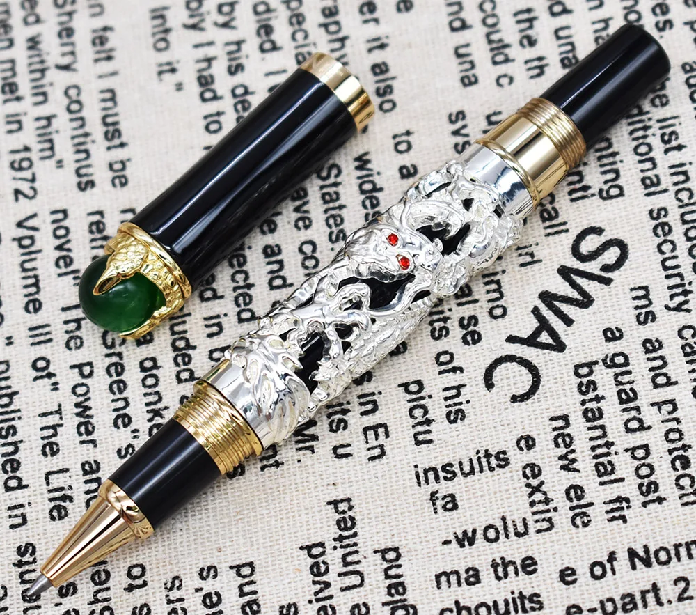 

Винтажная Шариковая ручка Jinhao Dragon King, зеленые украшения из металла с тиснением, благородный серебристый цвет, деловые офисные и школьные пр...