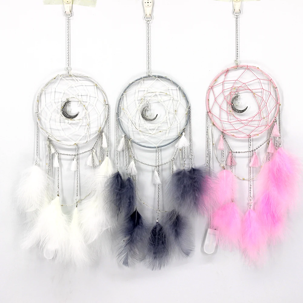 Dream Catcher DIY Home decoration Handmade led Lighting Moon Design Feather Craft Hanging Dream Catcher for Kids girls room Gift