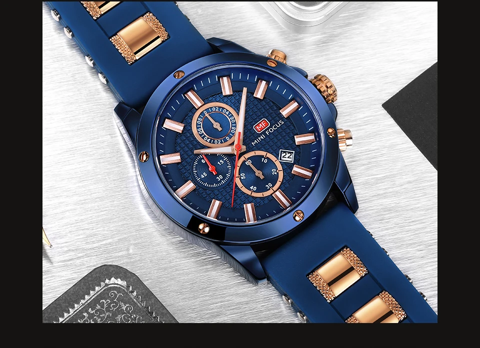 MINIFOCUS стильные спортивные мужские часы Seiko, наручные часы с хронографом для мужчин, Популярные черные и синие мужские часы с силиконовой цепочкой