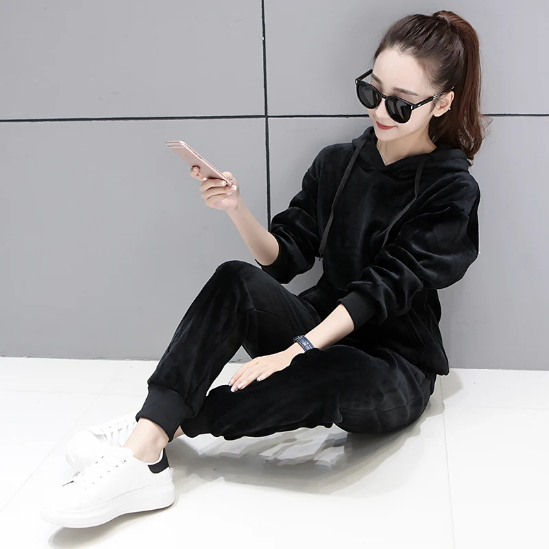 

new fashion leisure suits autumn hooded fleece loose pants two-piece clothing set women solid hoodies trousers plus size costume
