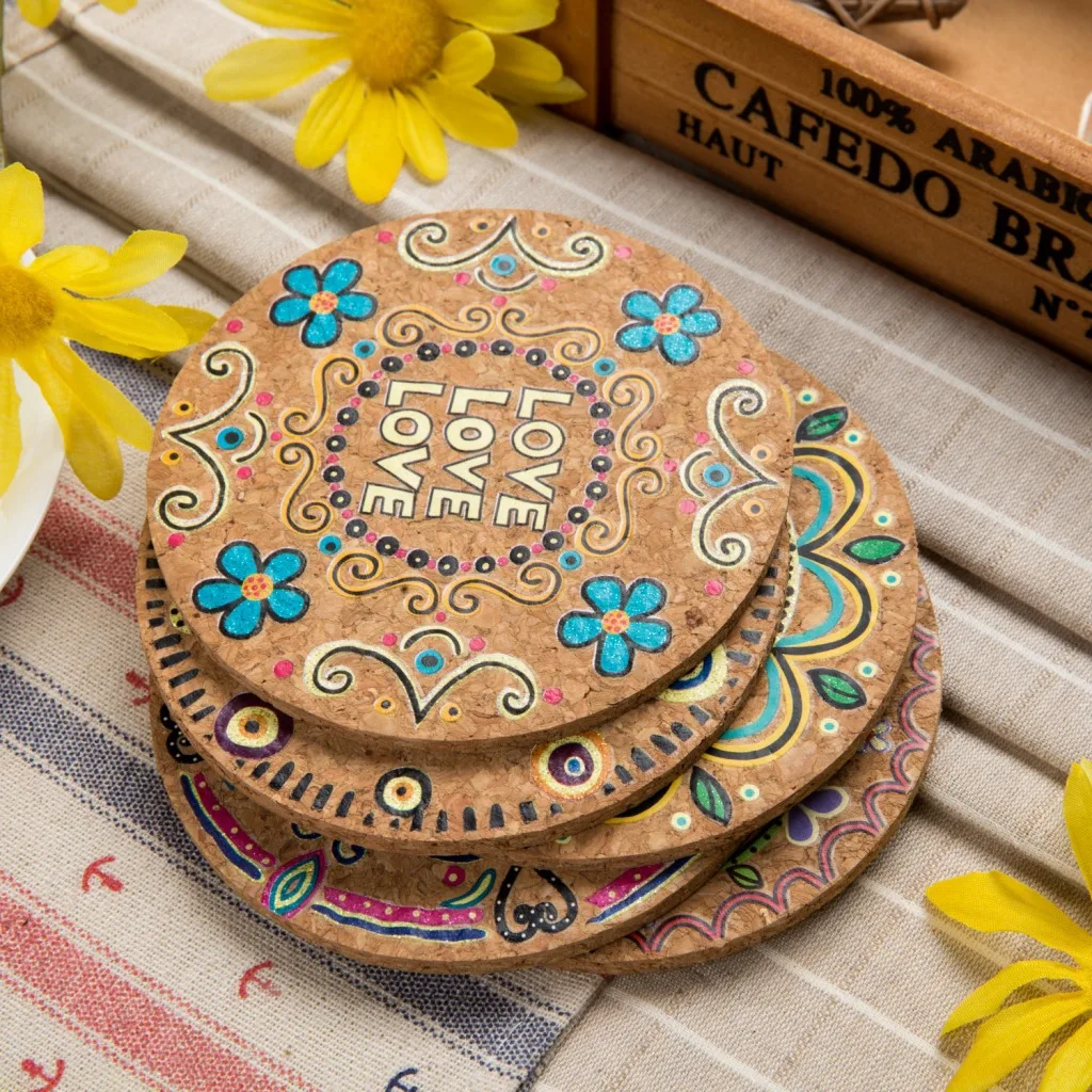 

4Pcs/Lot Kitchen Table Decoration Hot Stamping Cork Mats Pad Coaster Round Mat Hot Pot Mat Placemat Dining Table Accessories