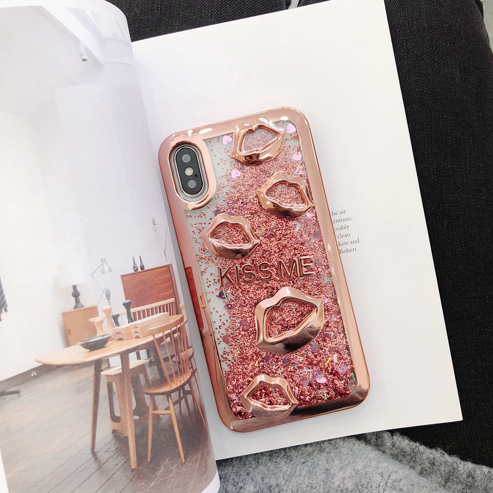Electroplate lips Dynamic Liquid Quicksand Phone Case For Samsung S10 Plus lite S8 S9 S7 Edge A7 2018 for iPhone XS MAX XR |
