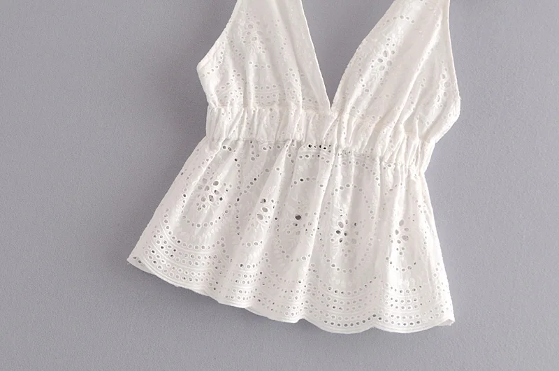 DENISKA 2018 Hollow Out Floral Embroidery Camis Blouse Sexy Sleeveless Backless Pleated Shirts White Ladies Summ | Женская одежда