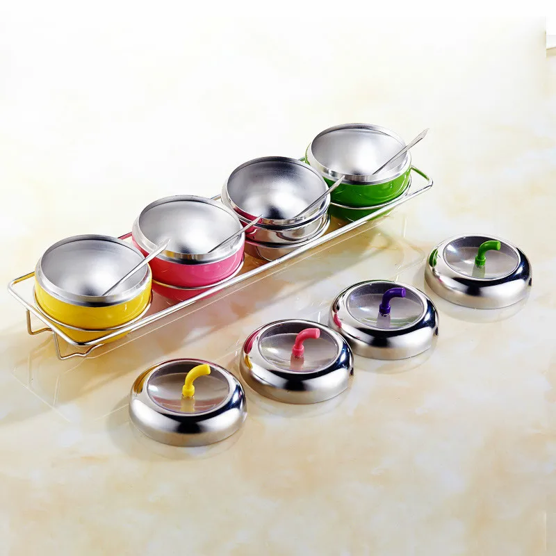 

Creative 304 Stainless Steel Spice Jar Apple Shape Seasoning Box Cans Sugar Salt Condiment Storage Bottles With Holder