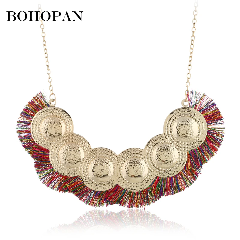 

Luxury Bohemia Necklace For Women 6 Color Big Tassel Round Metal Splice Pendants Necklace Long Chain collier femme Party Gift